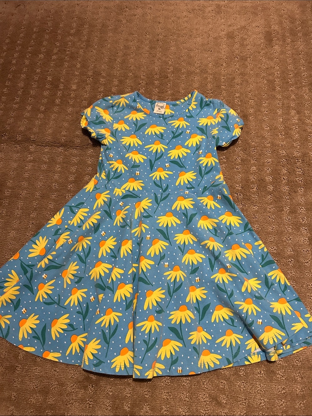 Frugi Organic Cotton Girls Blue Floral Swing Dress with Yellow Daisy Print